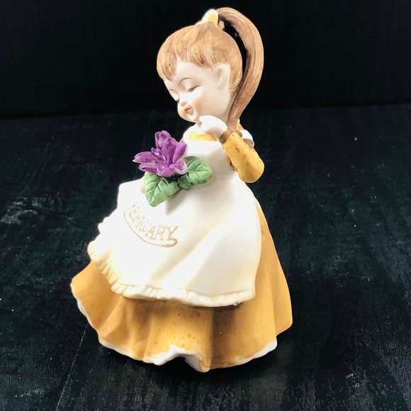 Vintage Bisque Porcelain Lefton February Girl Ponytail Violets Girl of the Month - Picture 2 of 9